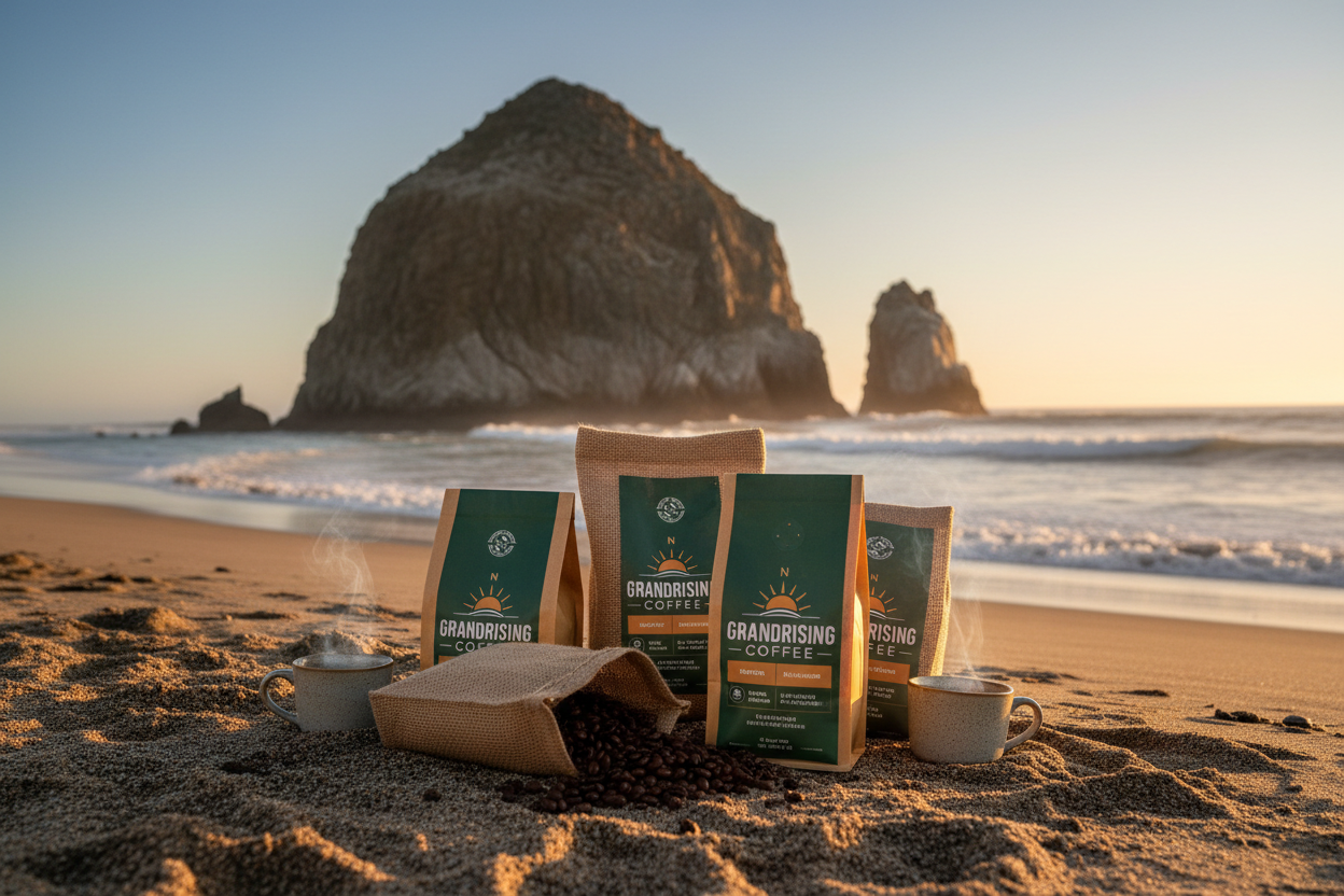 Grandrising branded coffee bags at Morro Bay from beach angle