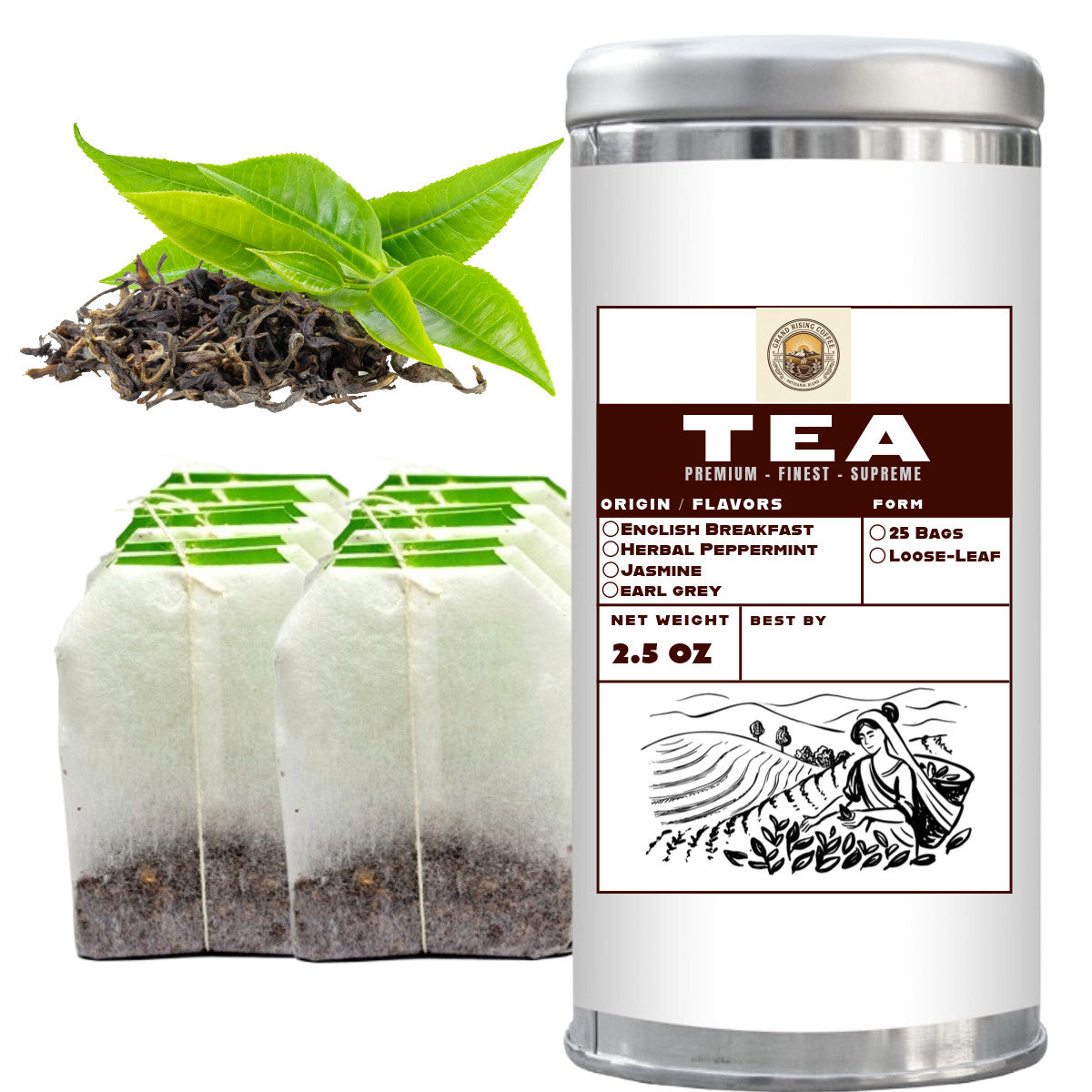 Tea Tins Flavored Nonflavored Organic Supreme Finest Premium Loose Leaf Bags English Breakfast Jasmine Herbal Peppermint Hibiscus Japan Sencha and more